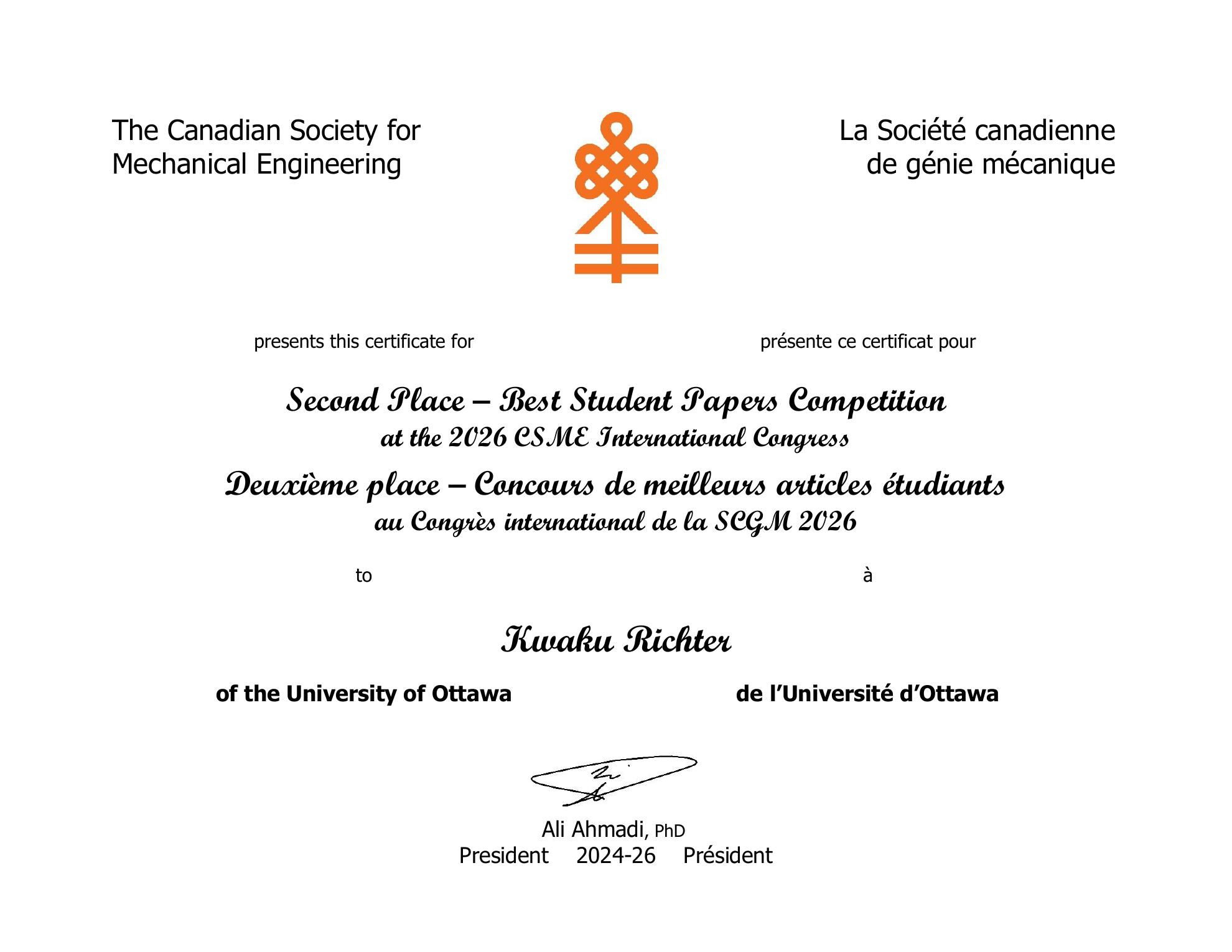 Second place best student paper certificate for ArduSwarm at the 2026 CSME International Congress